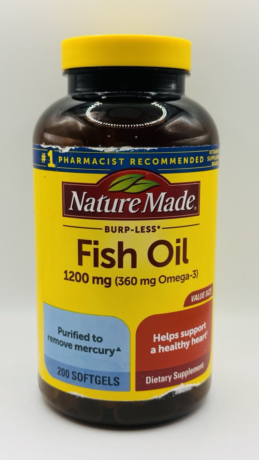 Nature Made Burp Less 1200mg Fish Oil Omega 3 200 Softgels Ex 02/29 Label Damag