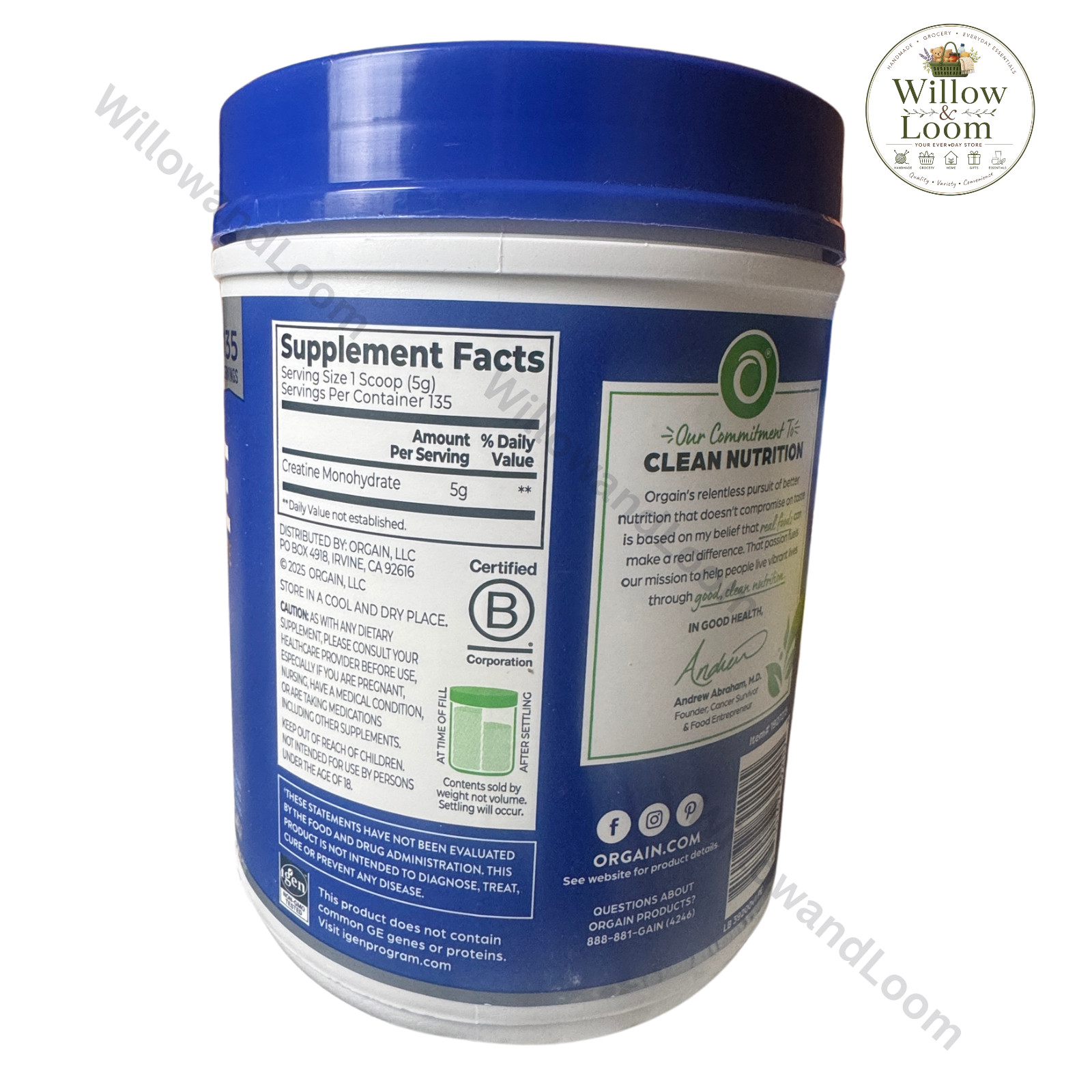 Orgain Micronized Creatine Monohydrate Powder Unflavored Supplement 135 Servings