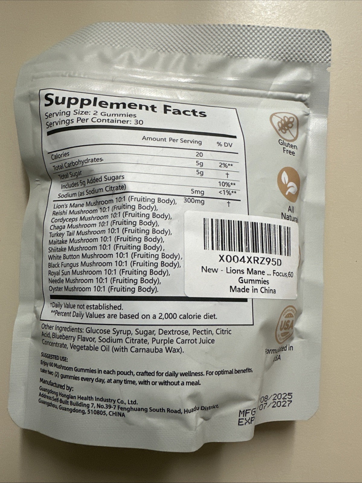 GUSUPY Super Mushroom Daily Gummies Wild Blueberry 60ct 300mg GF Exp 12/2027