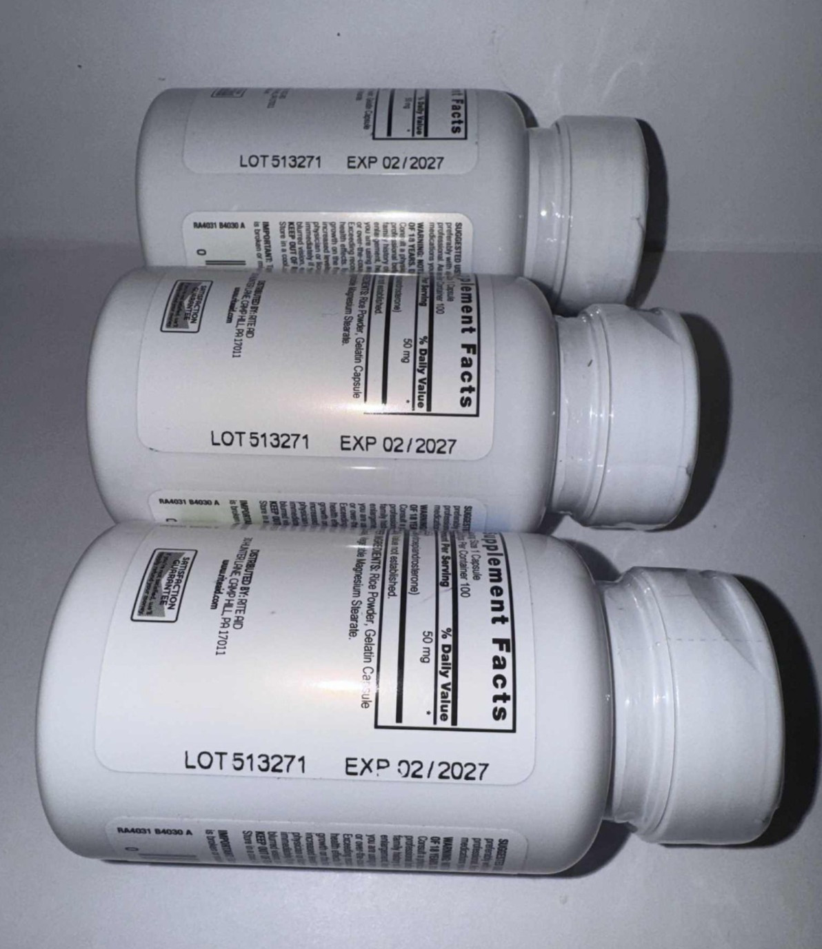 x3 Sealed Bottles ~ Rite Aid DHEA Dietary Supplement 50mg Caps~ Exp Date 02/2027