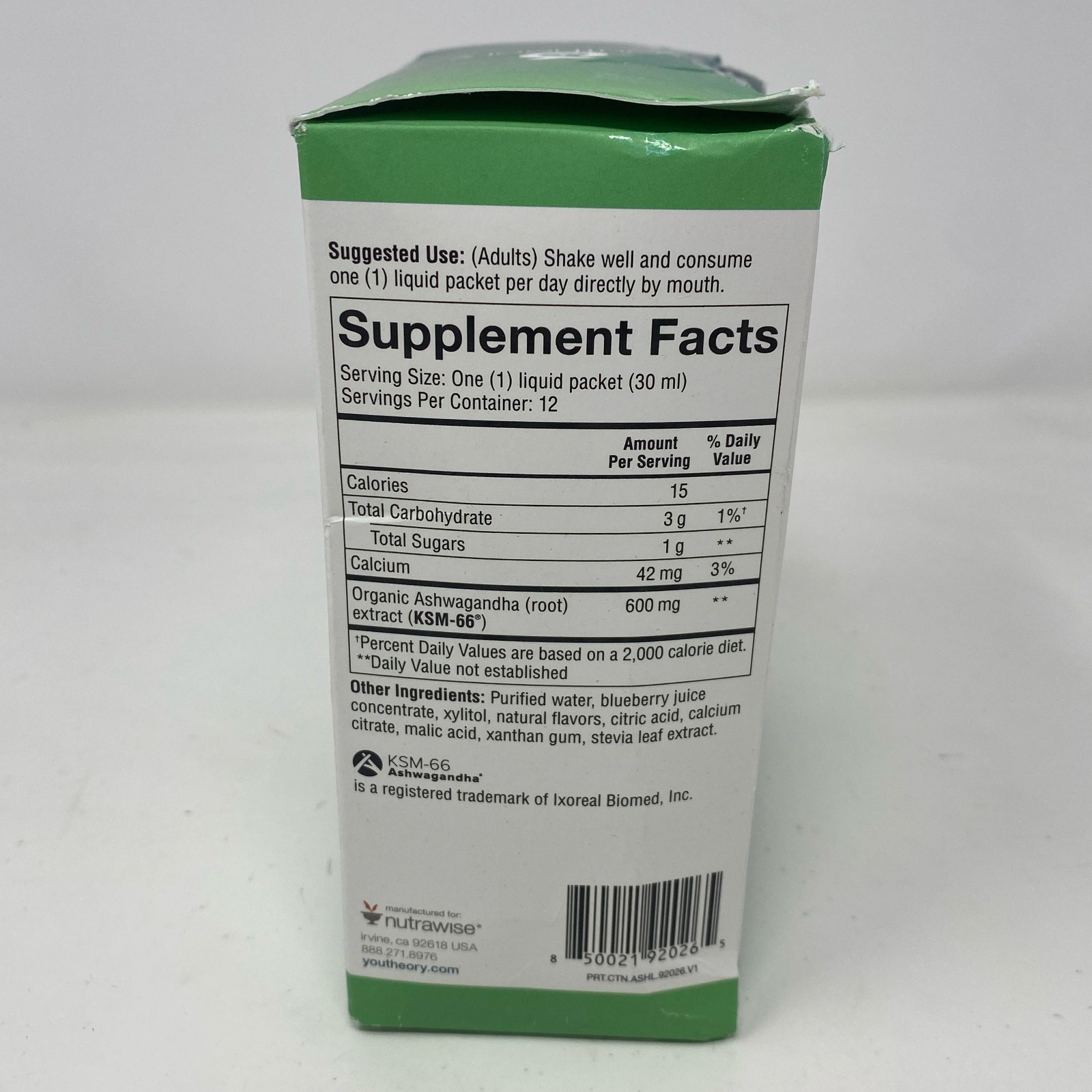 Youtheory Ashwagandha Liquid Blueberry 12x1oz Packets 600mg KSM-66