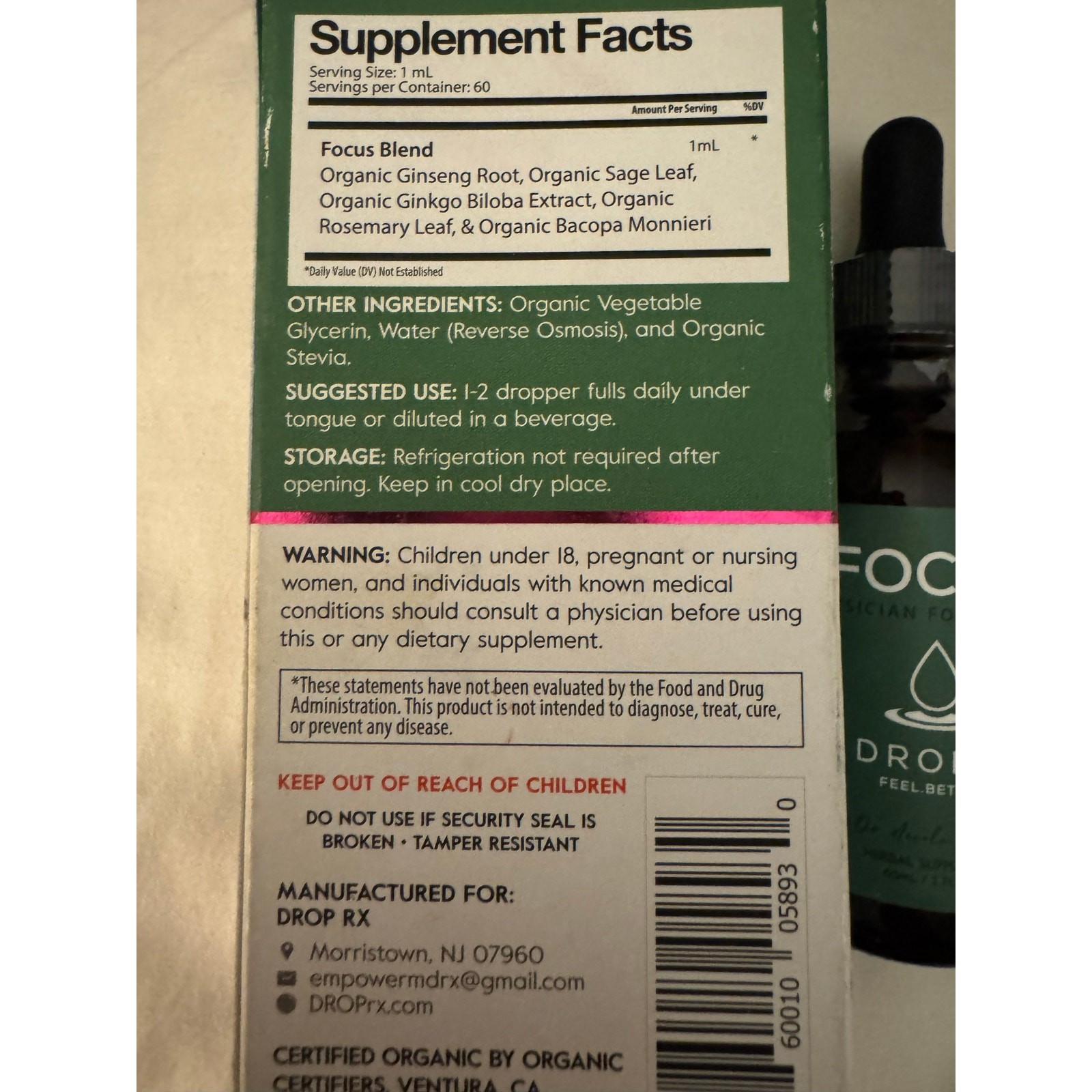 DropRx Focus Organic Herbal Supplement Drops Brain/Memory Support 2 fl oz NIB