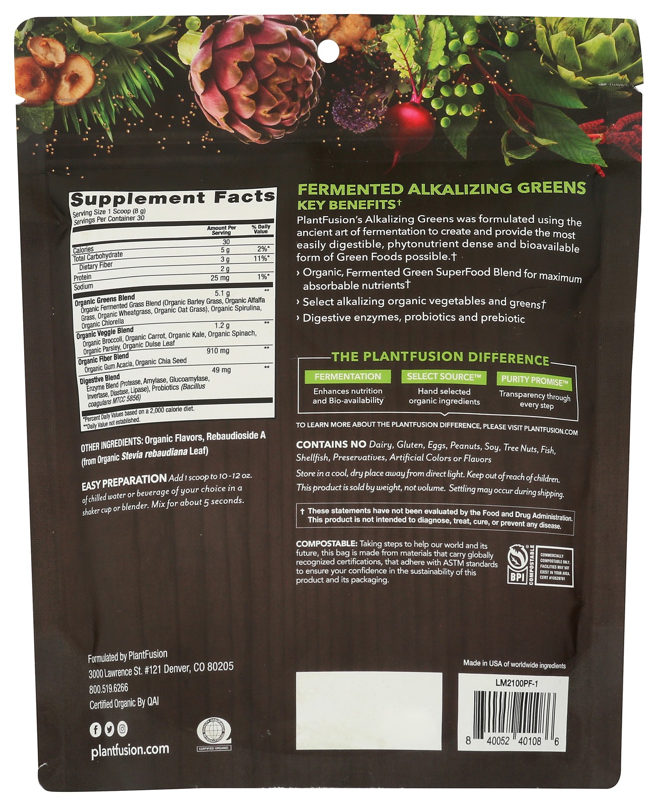 Plantfusion Organic Alkalizing Greens Fermented Superfood Powder 1 Pack