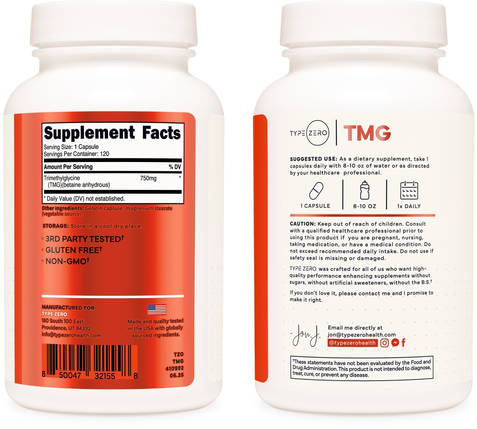 Type Zero Clean TMG (Trimethylglycine) 120 Capsules, 750mg Per Serving