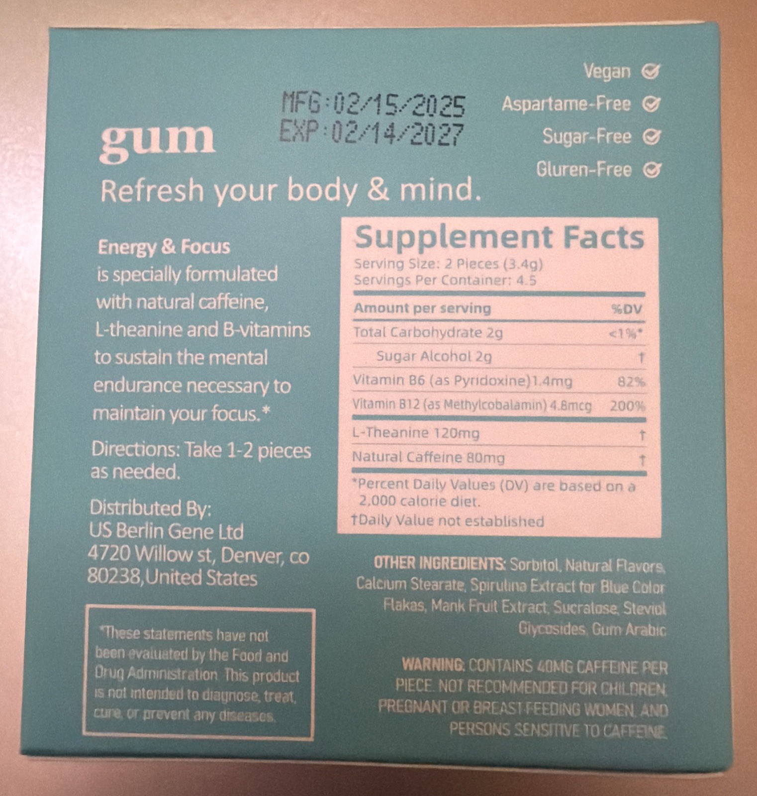 1 Pack Dr. MA Gum L-theanine Natural Caffeine Boost Energy Focus 54 Pieces