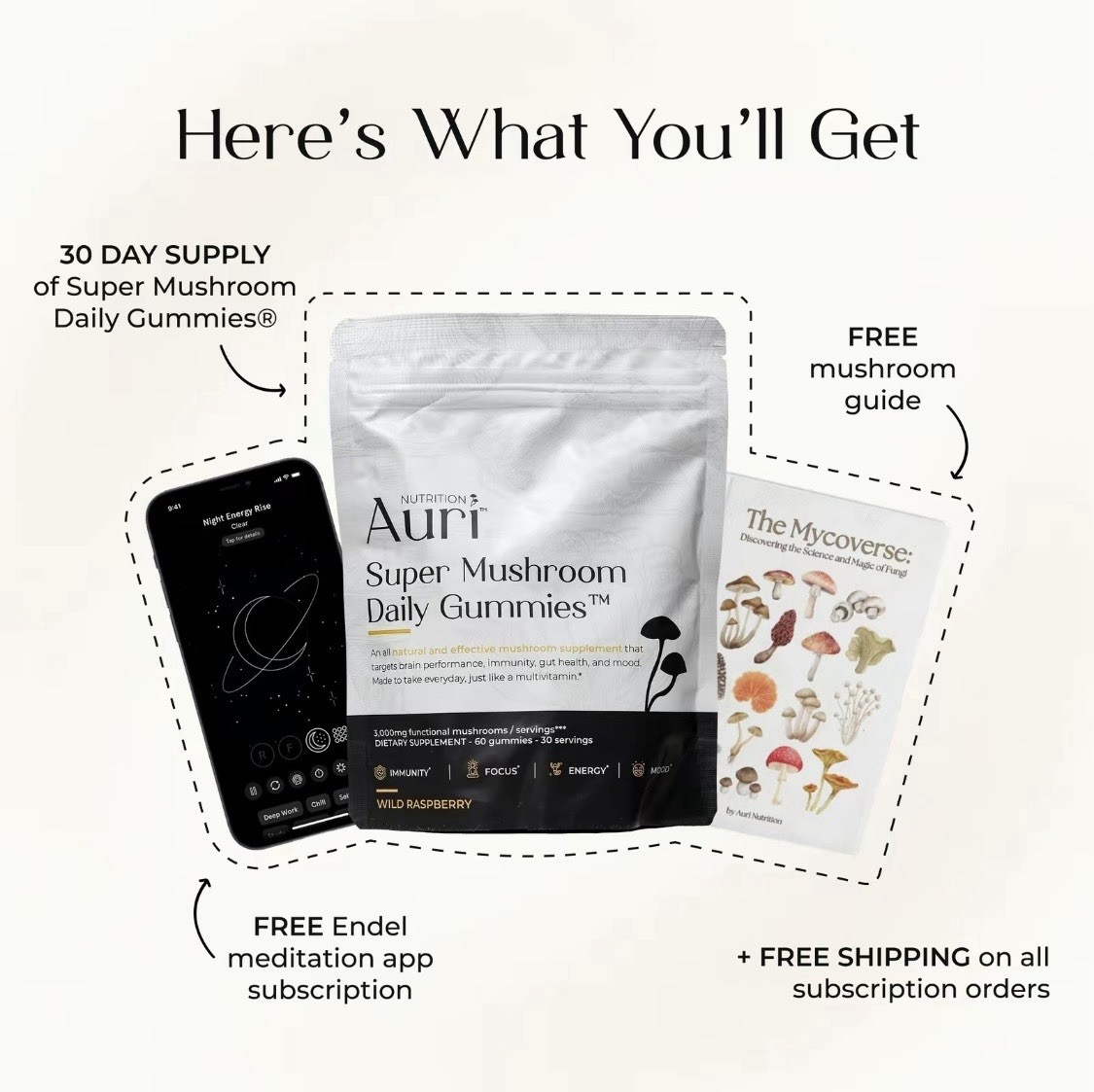 Auri Super Mushroom Daily Gummies Immune Energy Mood Support Wild Raspberry 60