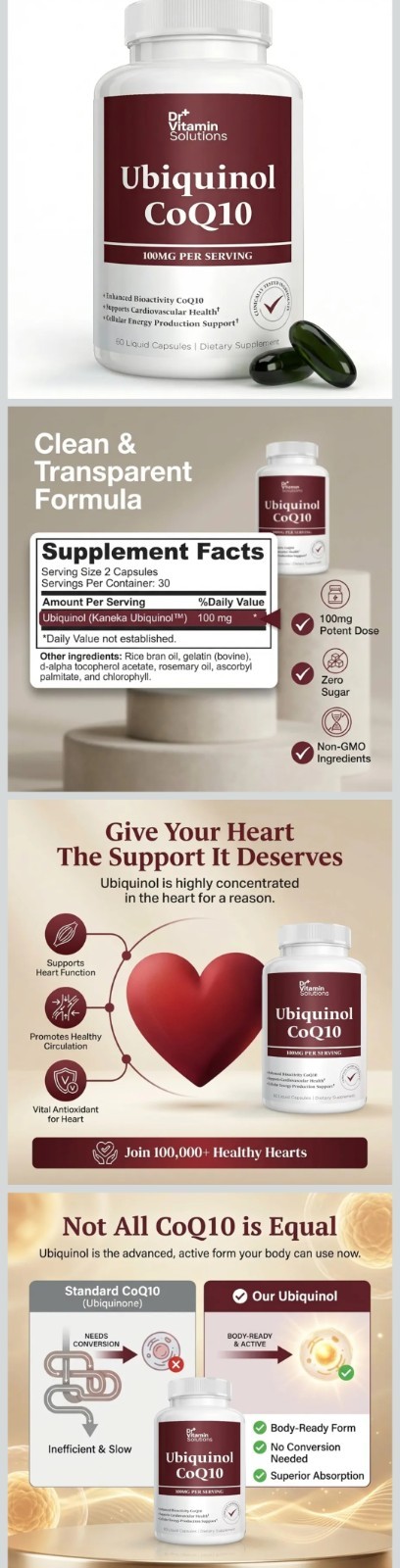 2 X Dr Vitamin Solutions Ubiquinol CoQ10 100mg Non-GMO 120 Liquid Capsules