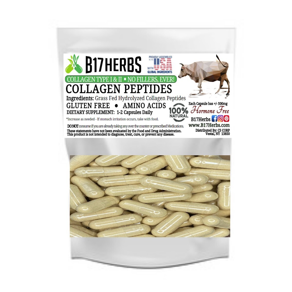 Collagen Peptide Capsules – Grass Fed, Bovine, Type I & III – 100 Caps, 500mg