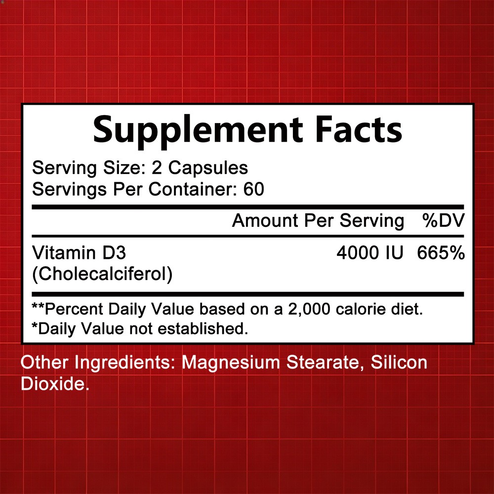 4000 IU High Potency Vitamin D3 Caps for Bone, Muscle & Immune Support 30~120CT