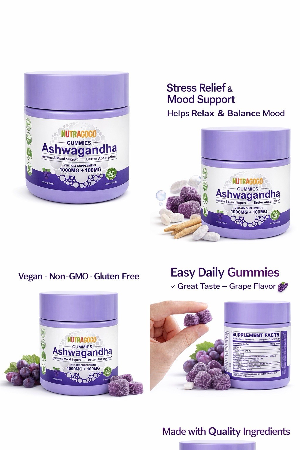 NUTRAGOCO Ashwagandha Gummies 1000mg+100mg Grape Vegan Non-GMO Gluten-Free 60ct