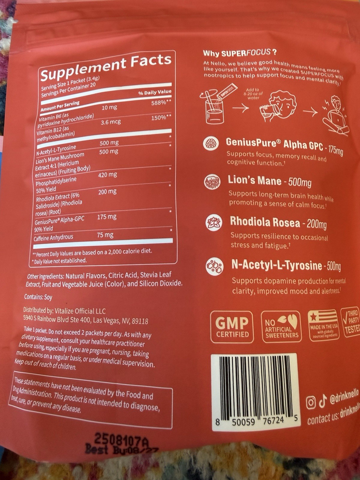 Nello SuperCalm & SuperFocus Drink Mix Bundle 40 Total Packets Exp 2027 New