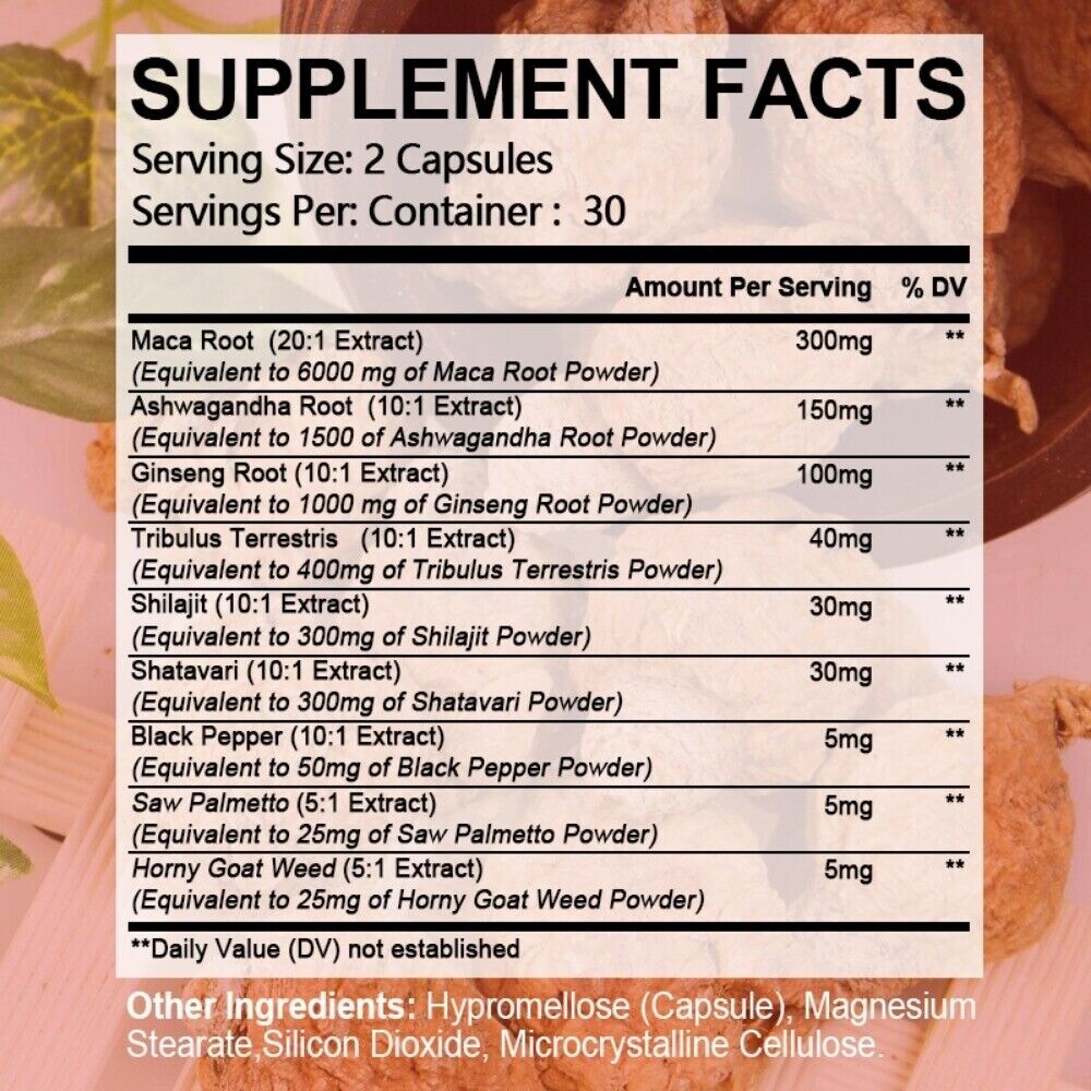 Maca Root Capsules with Ginseng and Saw Palmetto Support Libido Enhancement