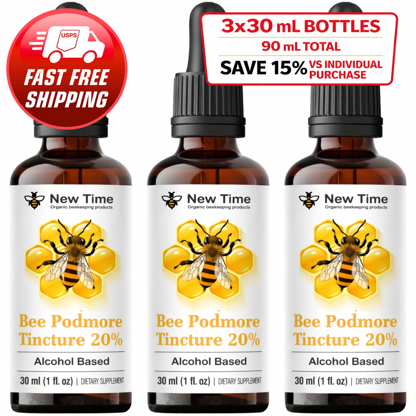 Pure Bee Podmore Tincture 20% – 3 Bottles 30 mL Each Alcohol Extract Liquid Drop