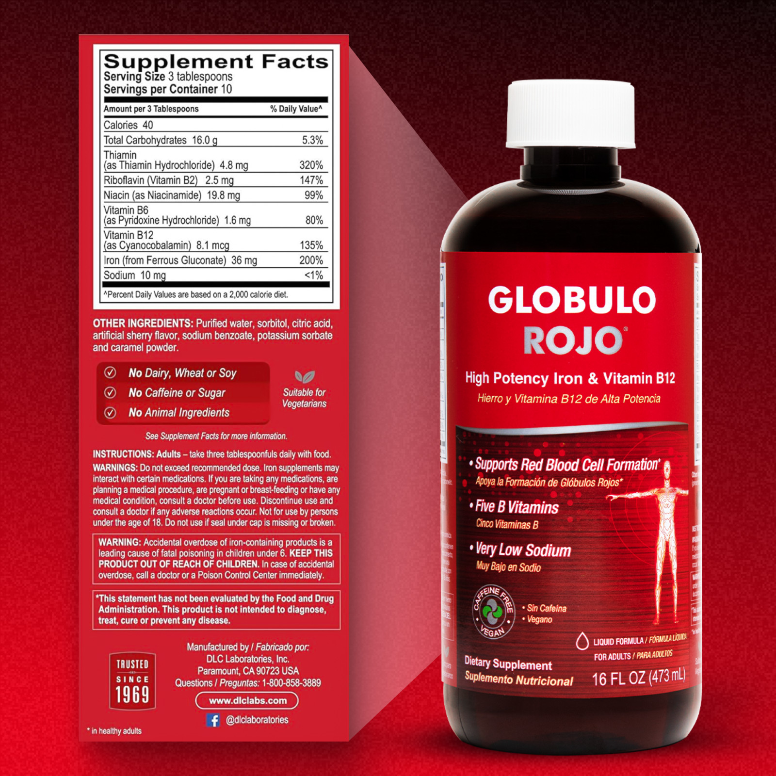 Globulo Rojo Liquid Dietary Supplement, B Vitamins and Iron 16 FL OZ B.B. 01/26