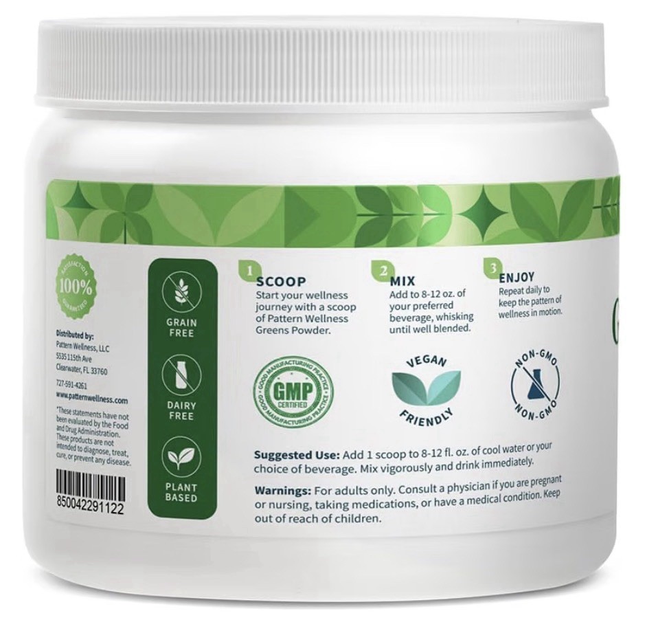 Pattern Wellness Greens Powder Superfood Unflavored Gut Immune Health 6.6oz