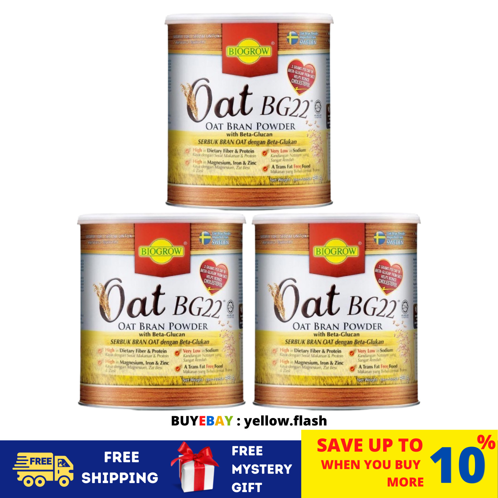 3 Tins Biogrow Bg22 Oat Beta Glucan Powder 480G, Lowers Cholesterol Naturally