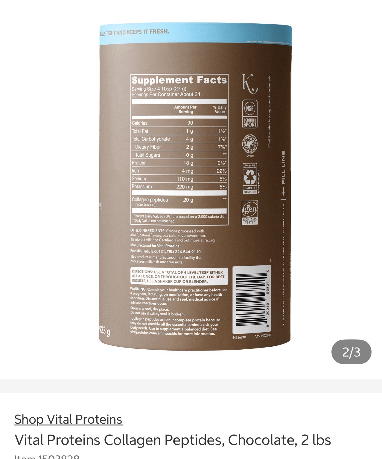 Vital Proteins Collagen Peptides Chocolate Powder 2 lbs Joint Hair Skin Health