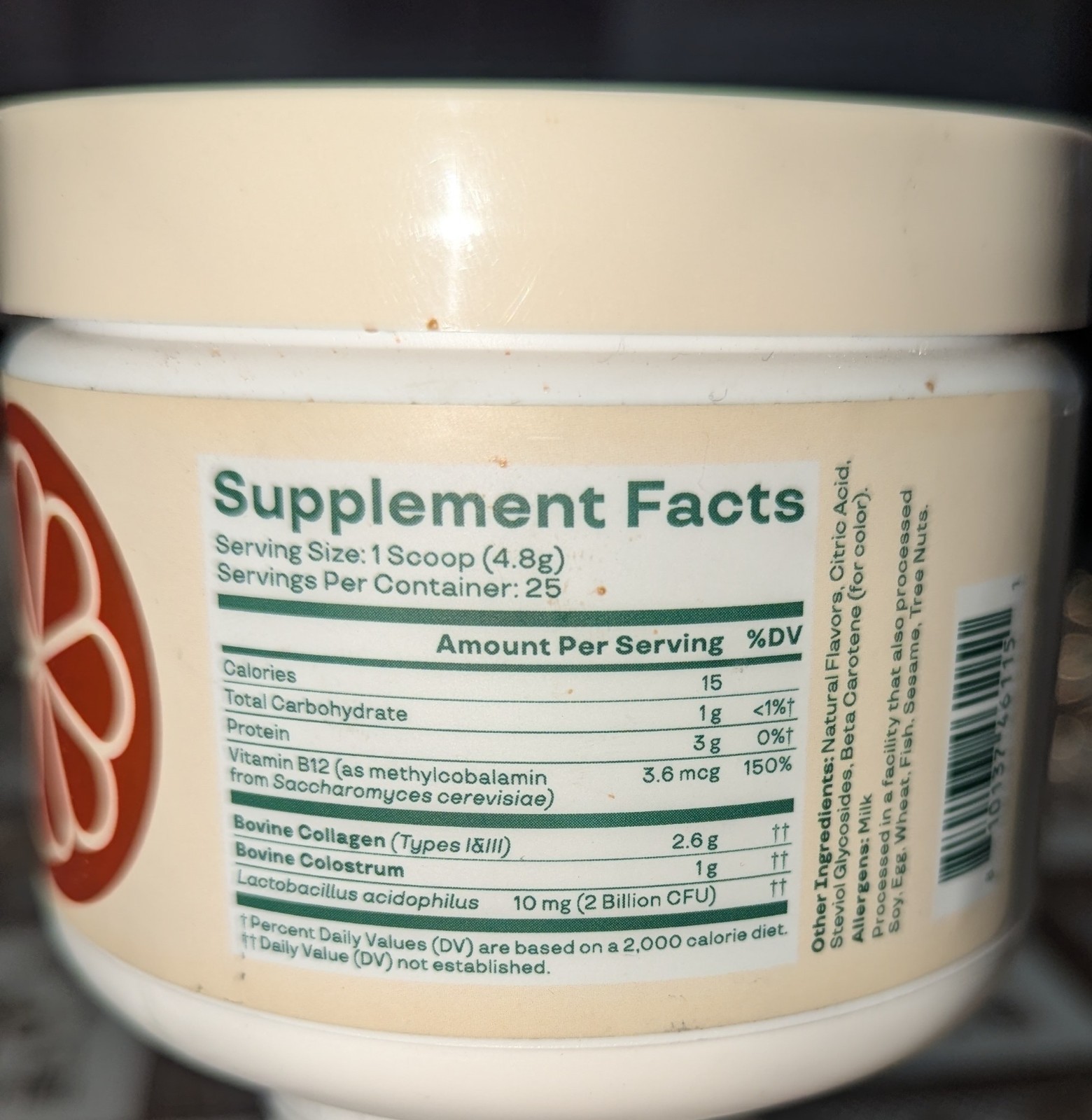 Bloom Colostrum & Collagen Peptides Powder Orange Cream Grass Fed 4.23oz 25