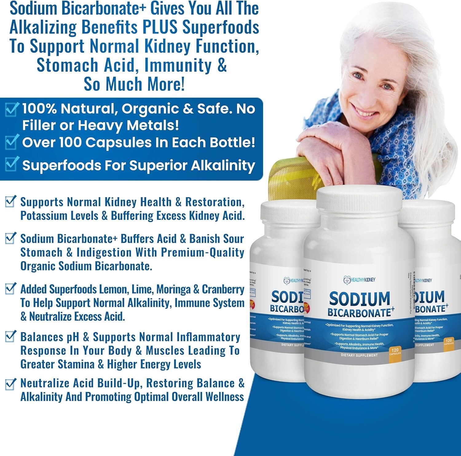 Organic Sodium Bicarbonate Alkaline Capsules Performance Aid Fast-Acting120 Caps