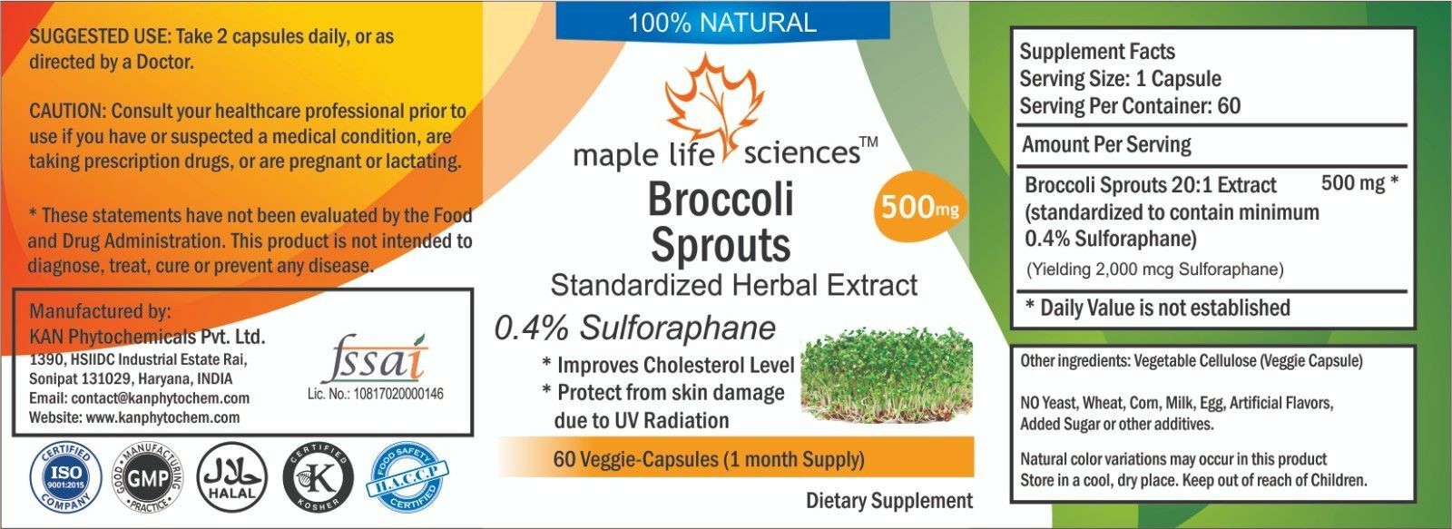 Broccoli Sprouts 20:1 Extract (Sulforaphane) Capsules – 500mg – AU Stock