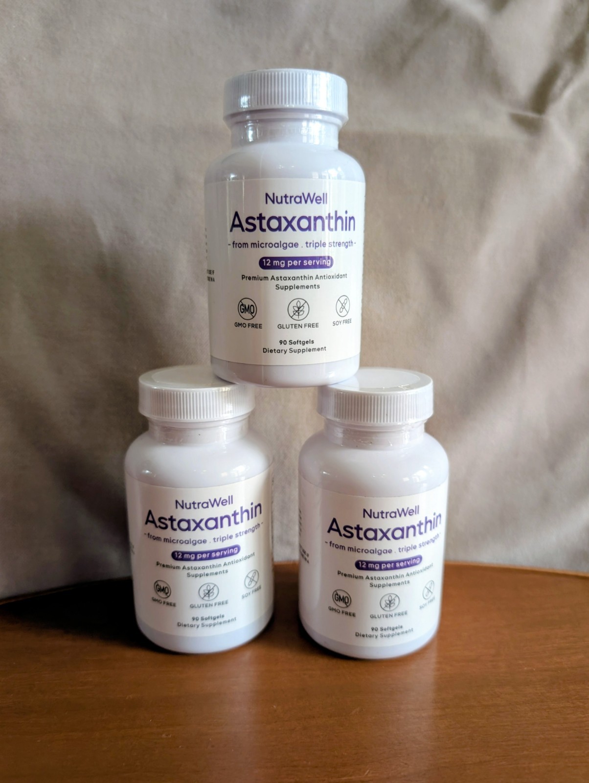 LOT Of 3, NutraWell Astaxanthin 12mg Antioxidant 90 Softgels GMO/Gluten/Soy Free