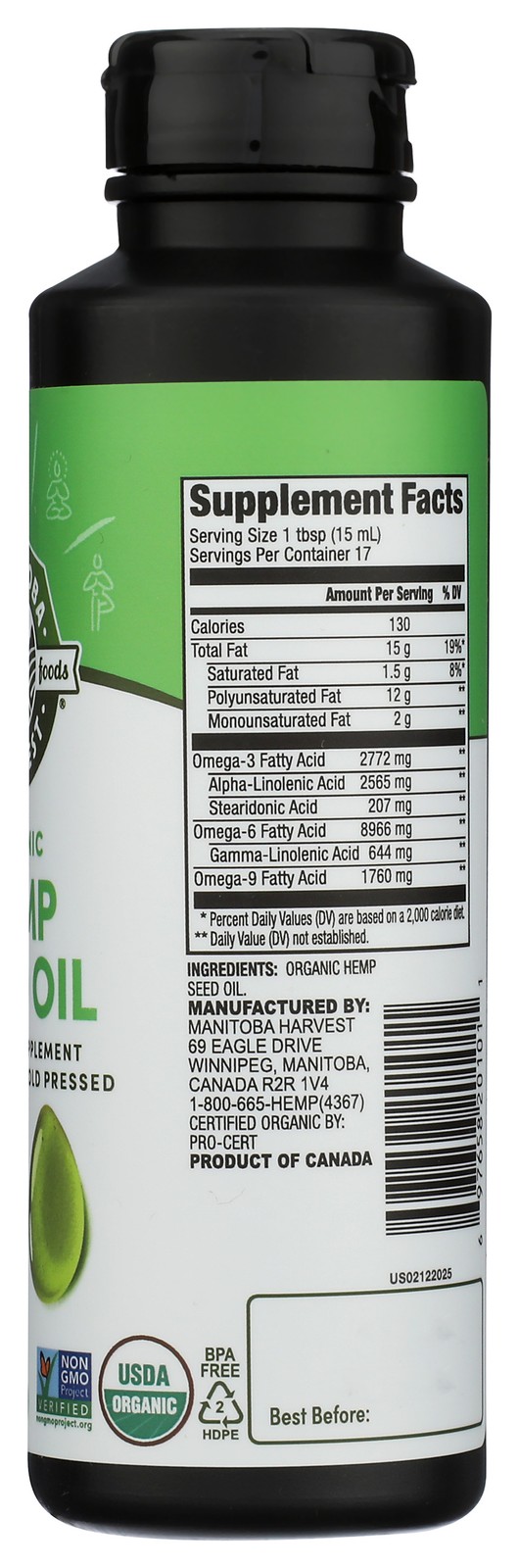 Organic Hemp Seed Oil Manitoba Harvest 8.45 Fl Oz Gluten Free 8.4 1 Pack