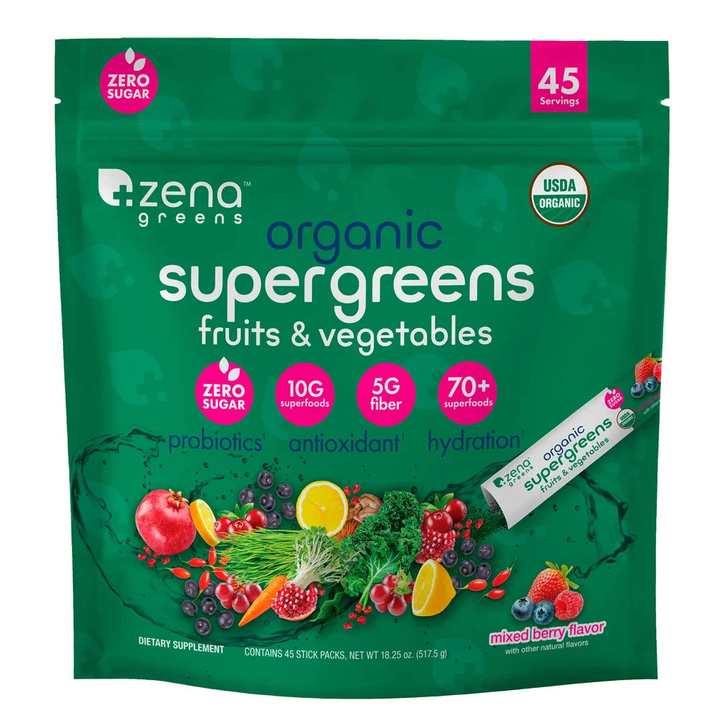 Zena Organic Supergreens Fruits Vegetables Powder 45 Stick Packs Mixed Berry