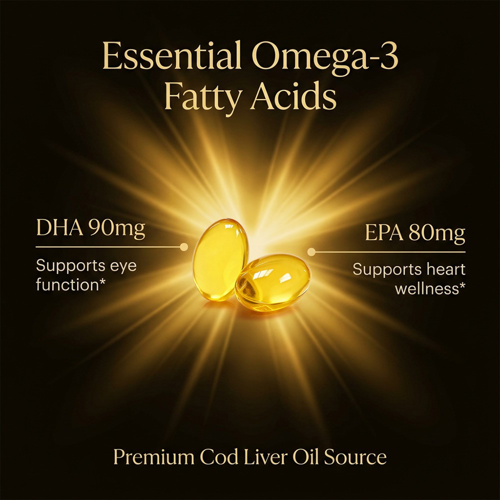 Cod Liver Oil 120 Caps with Omega-3, Vitamin A & D3,Nourish Eyes, Heart & Immune