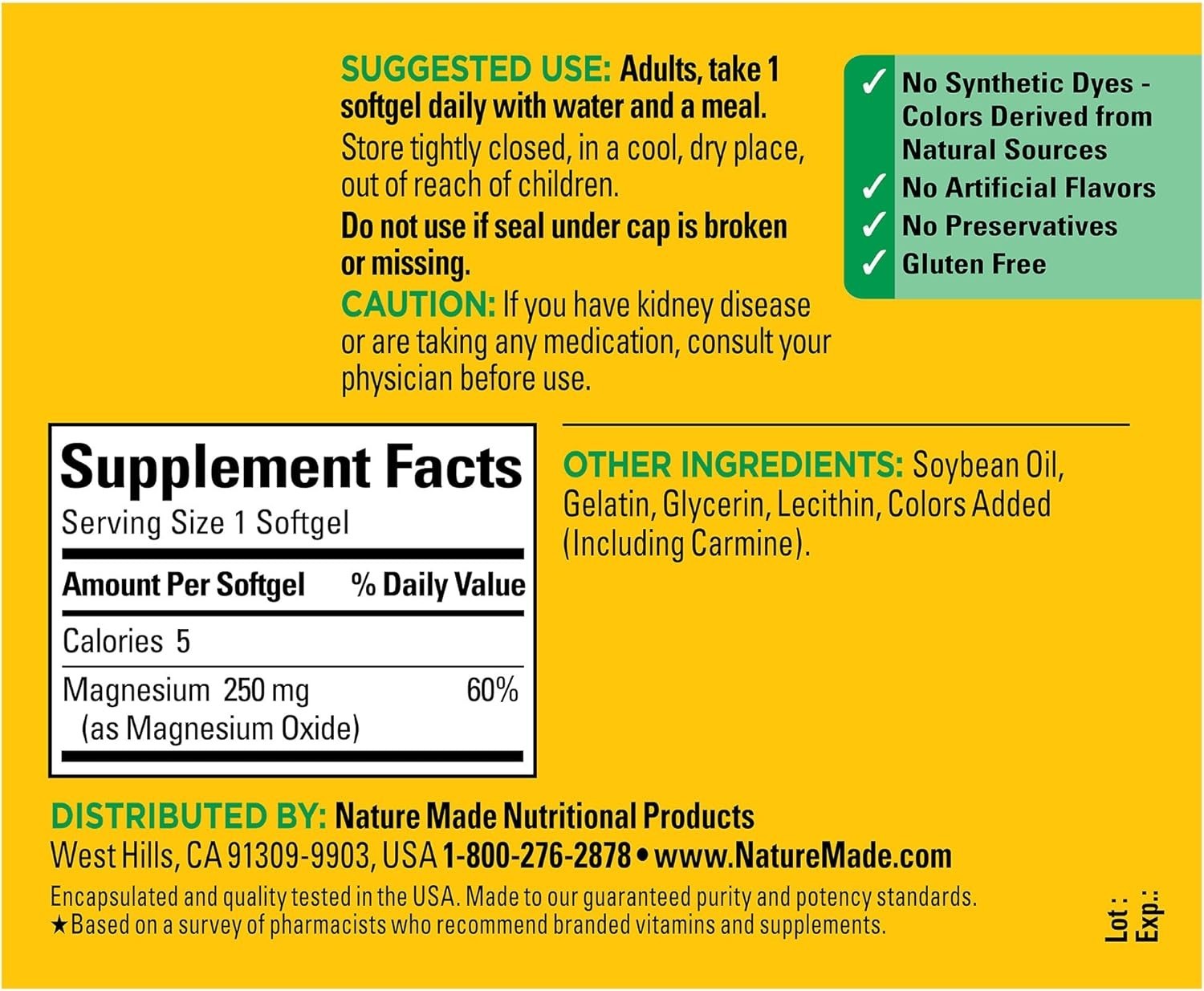 5 Pack Nature Made Magnesium, Helps Nerve & Muscle Function, 250 mg Exp 09/26+