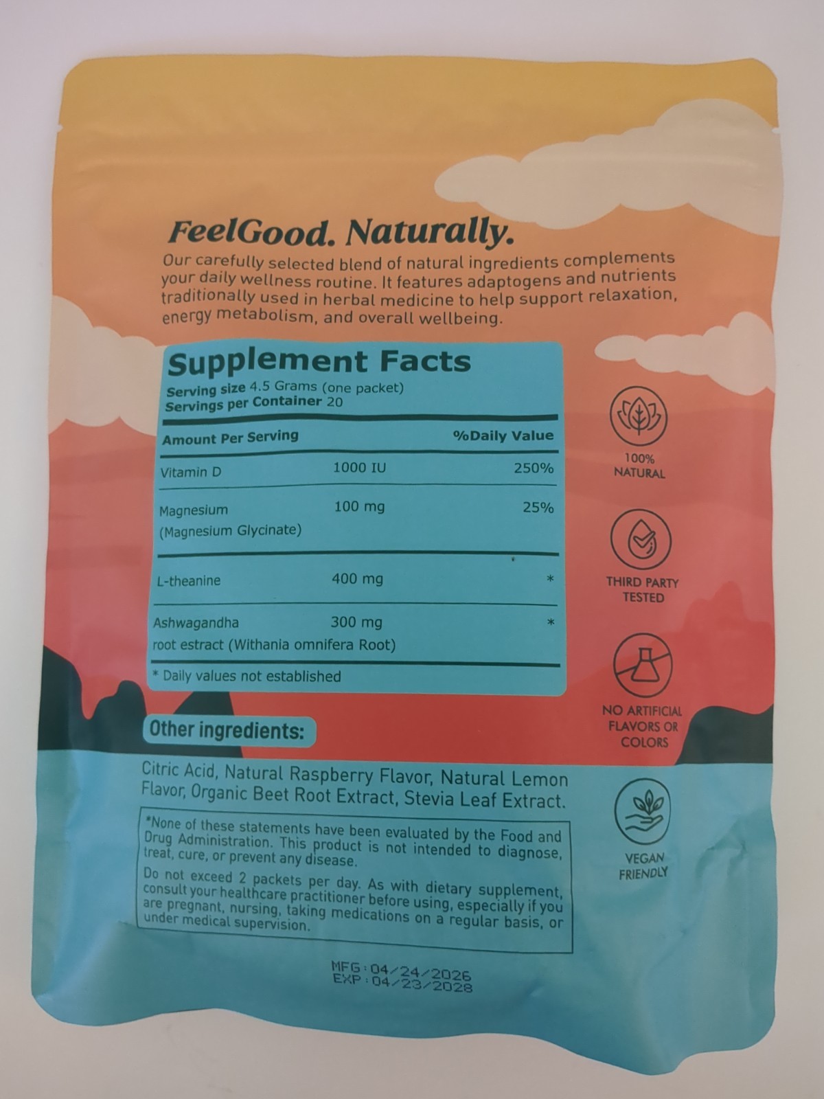 elional FeelGood Cortisol Balancing Powder Raspberry Lemonade 0g Sugar 20 Serv