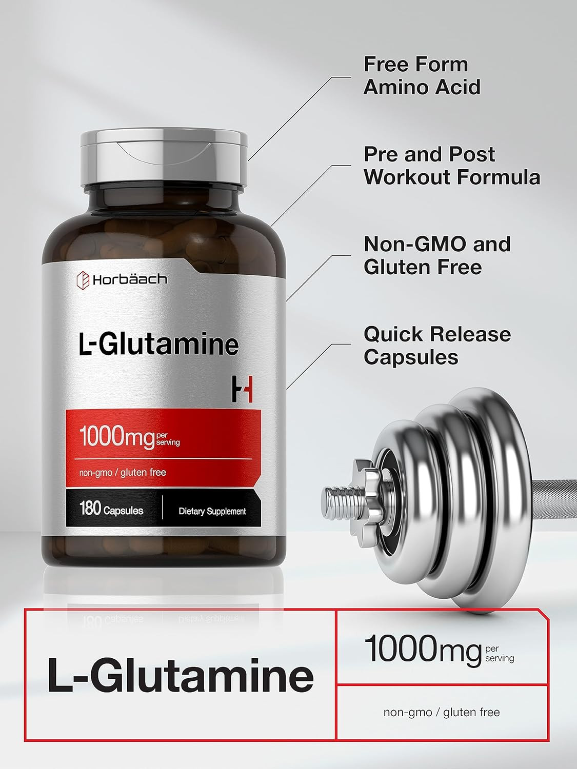 L-Glutamine Capsules 1000mg, 180 Count, Pre and Post Workout Supplement Horbaach