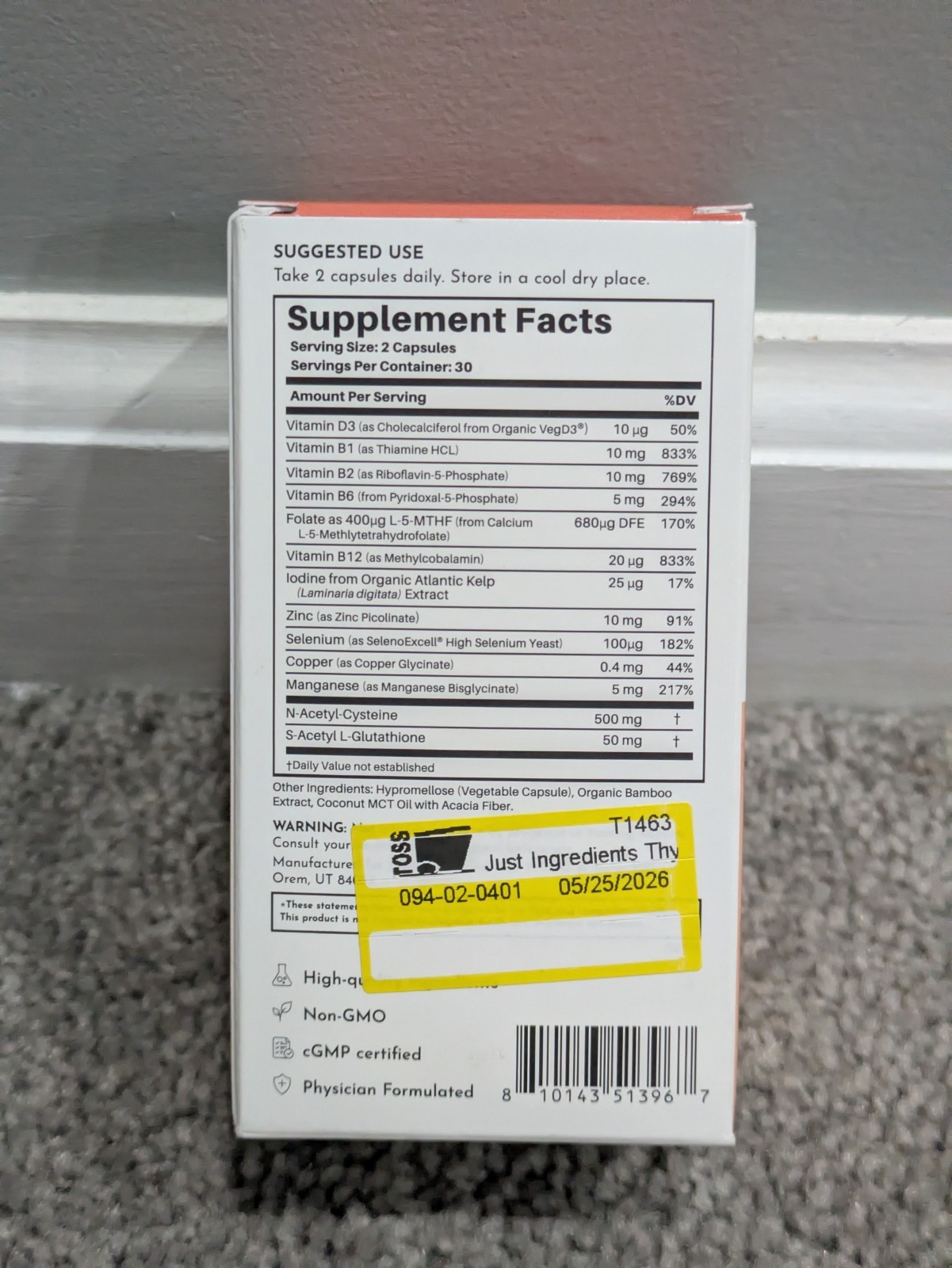Just Ingredients Thyroid Support Supplement 60 Capsules 30 Day Supply Exp 01/28