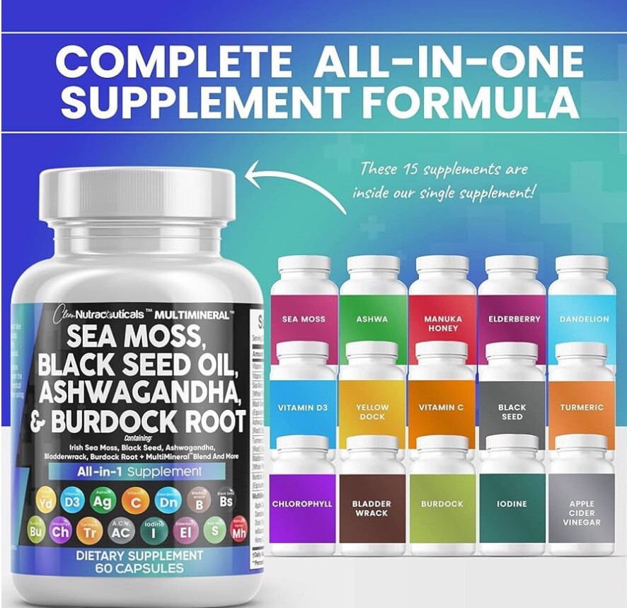 Sea Moss Black Seed Oil Ashwagandha Burdock Root Tumeric Bladderwrack