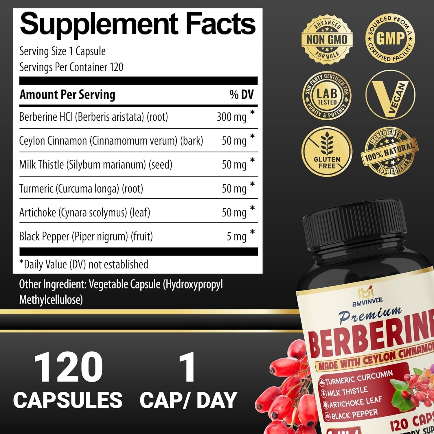 Berberine with Ceylon Cinnamon Tumeric Root, Milk Thistle, 6in1 (120 Capsules)