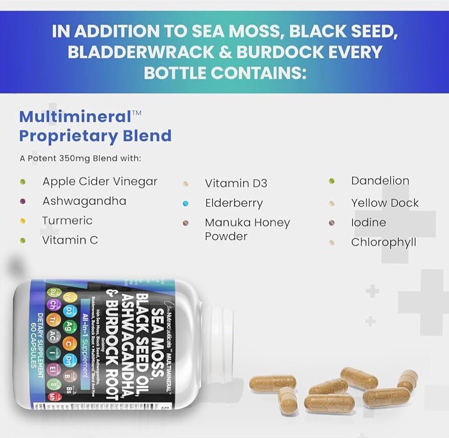 Sea Moss Black Seed Oil Ashwagandha Burdock Root Tumeric Bladderwrack