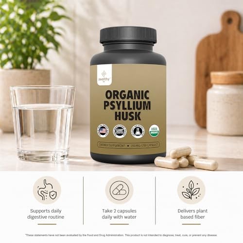 Organic Psyllium Husk Capsules 750 mg, Natural Fiber Supplement for Gut