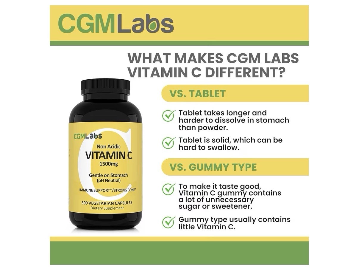 CGMLABS Non Acidic Vitamin C 1500mgDietary Supplement with Calcium 500 Capsules