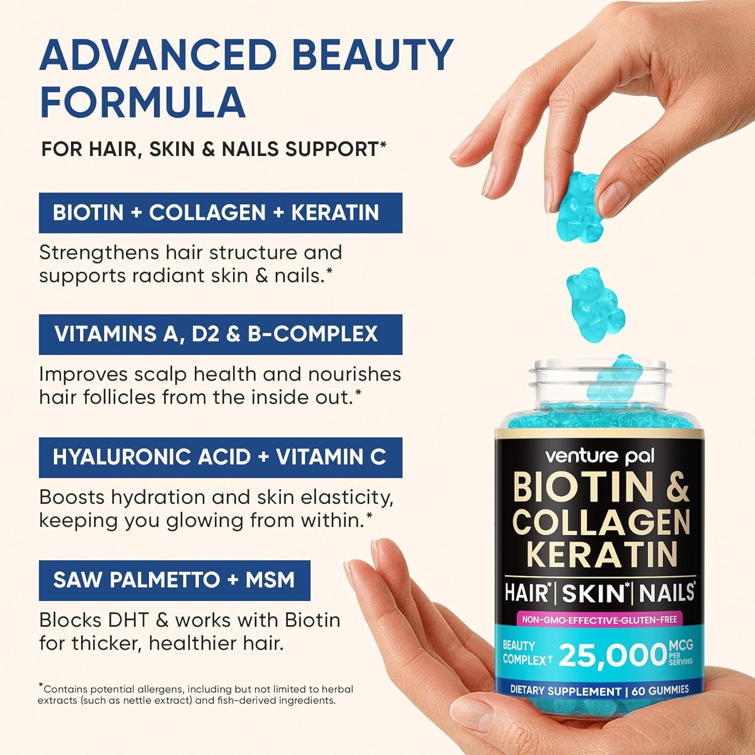 Hair, Skin & Nail Support Gummies w/ Biotin, Keratin, Collagen – Blueberry 60ct.