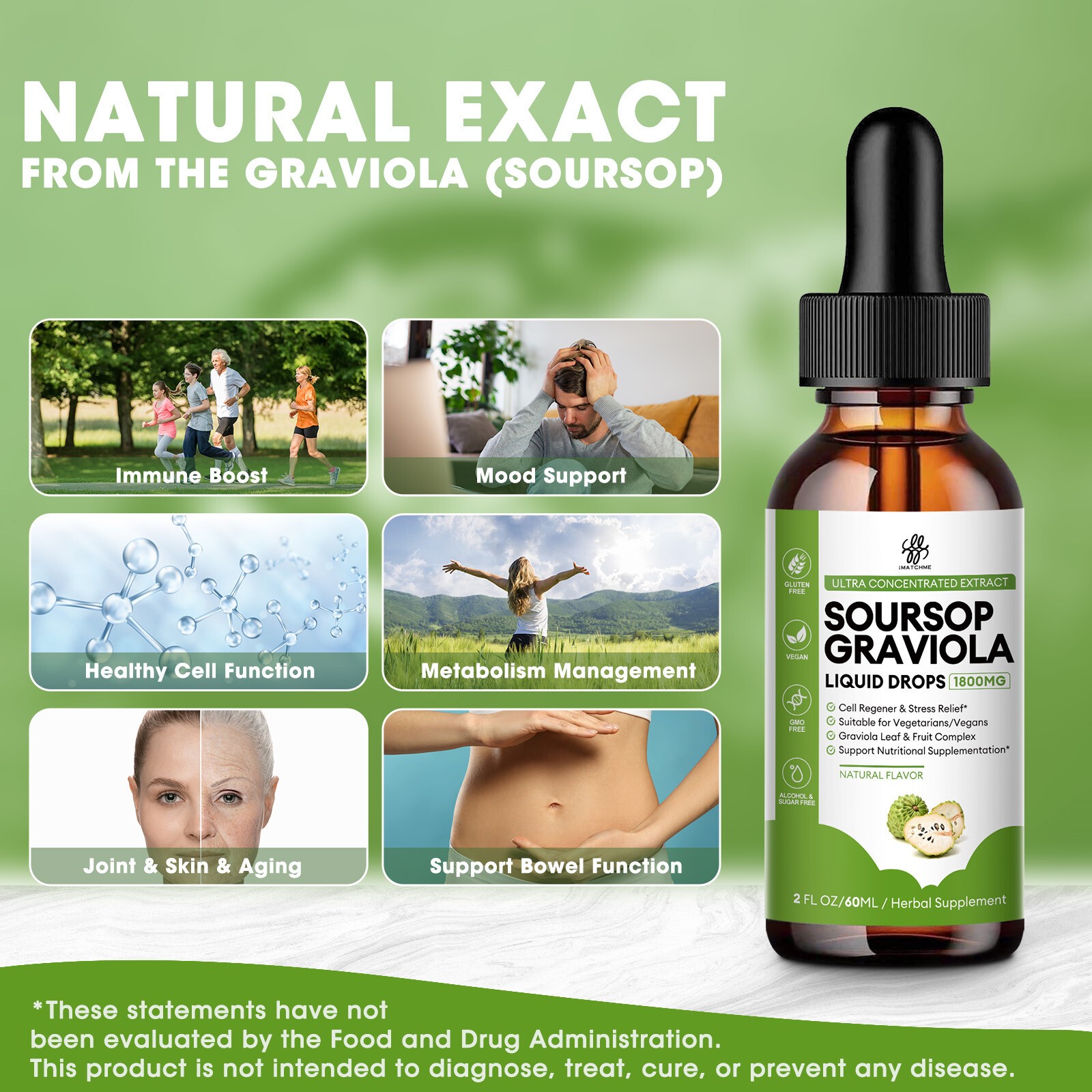 Soursop Graviola Extract 1800Mg Vegan Liquid Drop Annona Muricata Non-GMO 60ML