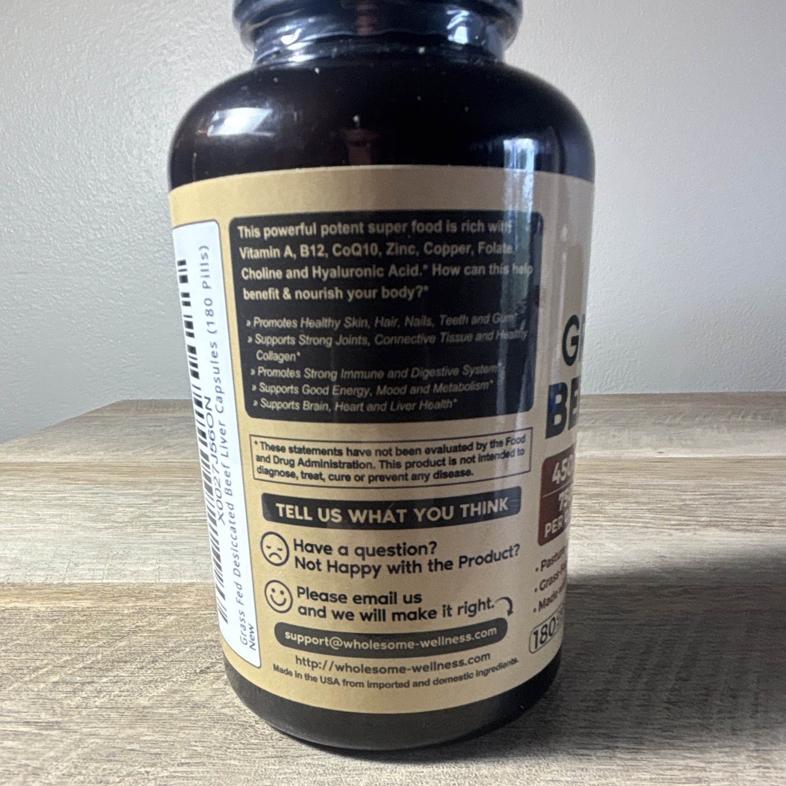 Wholesome Wellness Grass Fed Beef Liver Capsules 4500mg, 180 Count