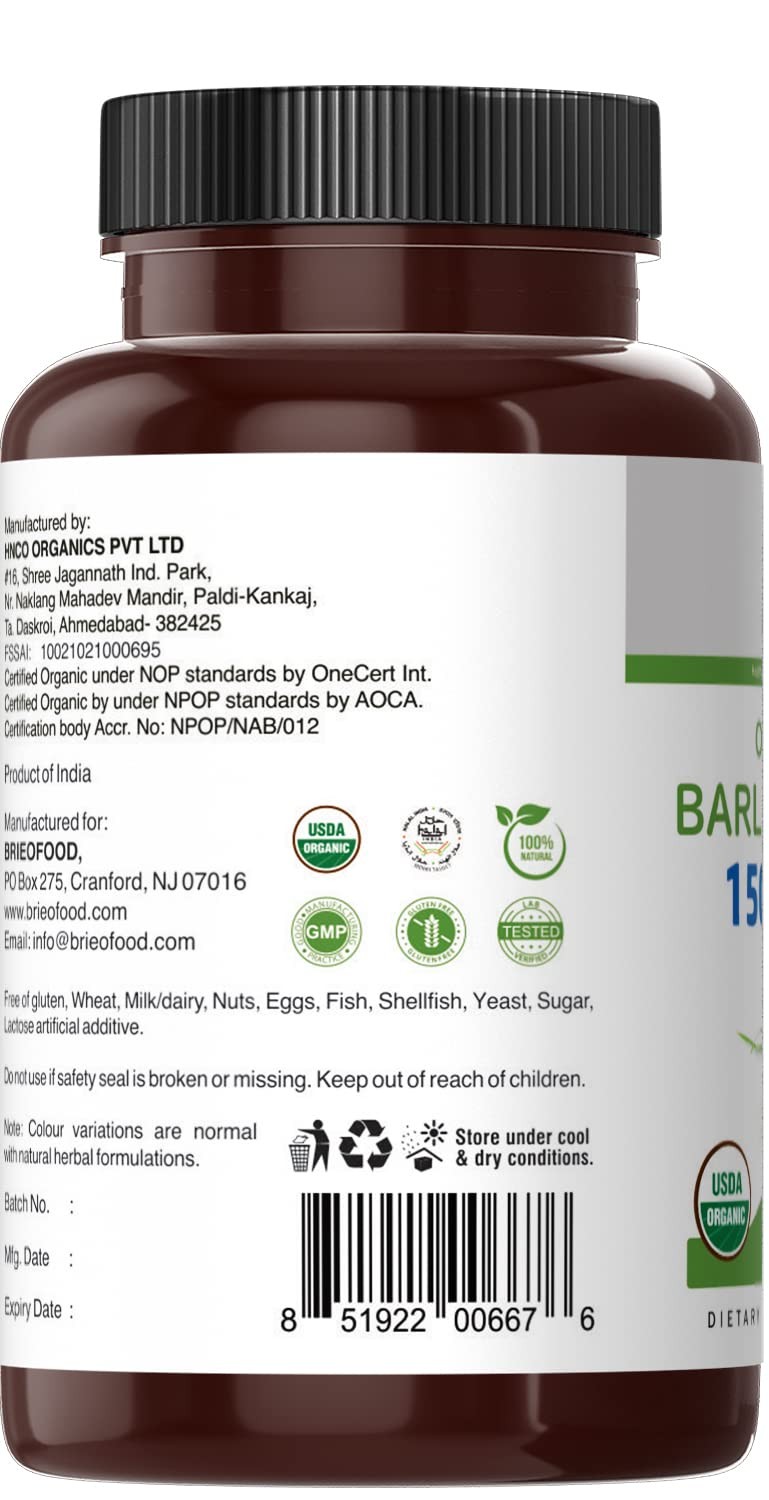 Brieofood Organic Barley Grass 1500mg, 45 Servings, 90 Count (Pack of 1)