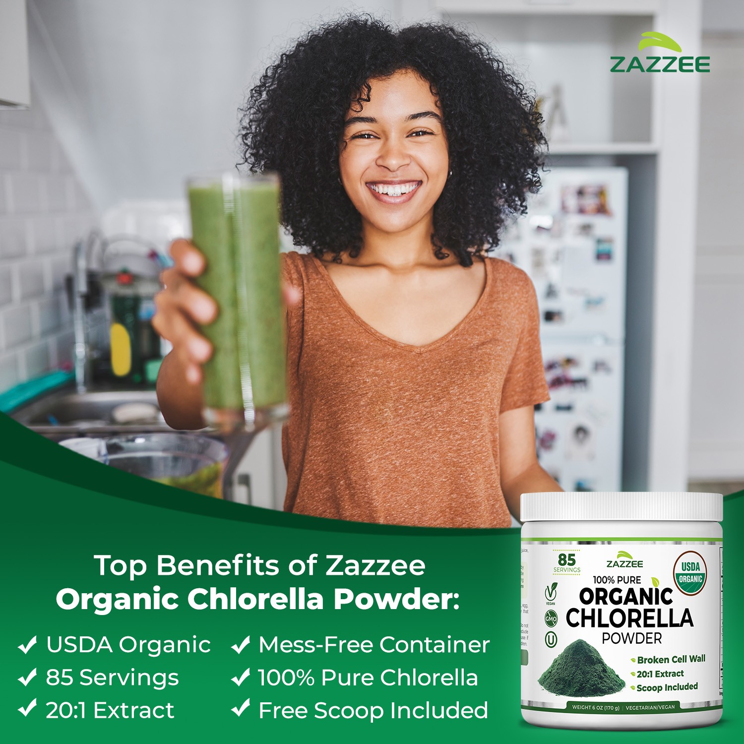 USDA Organic Chlorella Powder, Broken Cell Wall, 6 oz, 85 Servings, Free Scoop