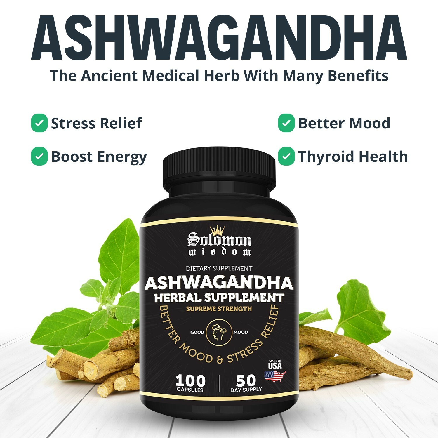 Organic Ashwagandha Root Powder with Black Pepper Extract – 100 Veggie Capsules
