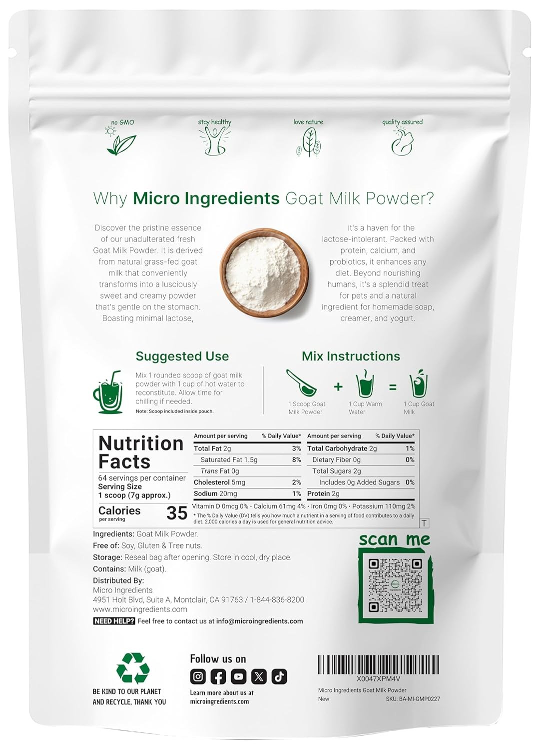 Micro Ingredients Goat Milk Powder, 1 Lb | Grass-Fed 16 Ounce (Pack of 1)