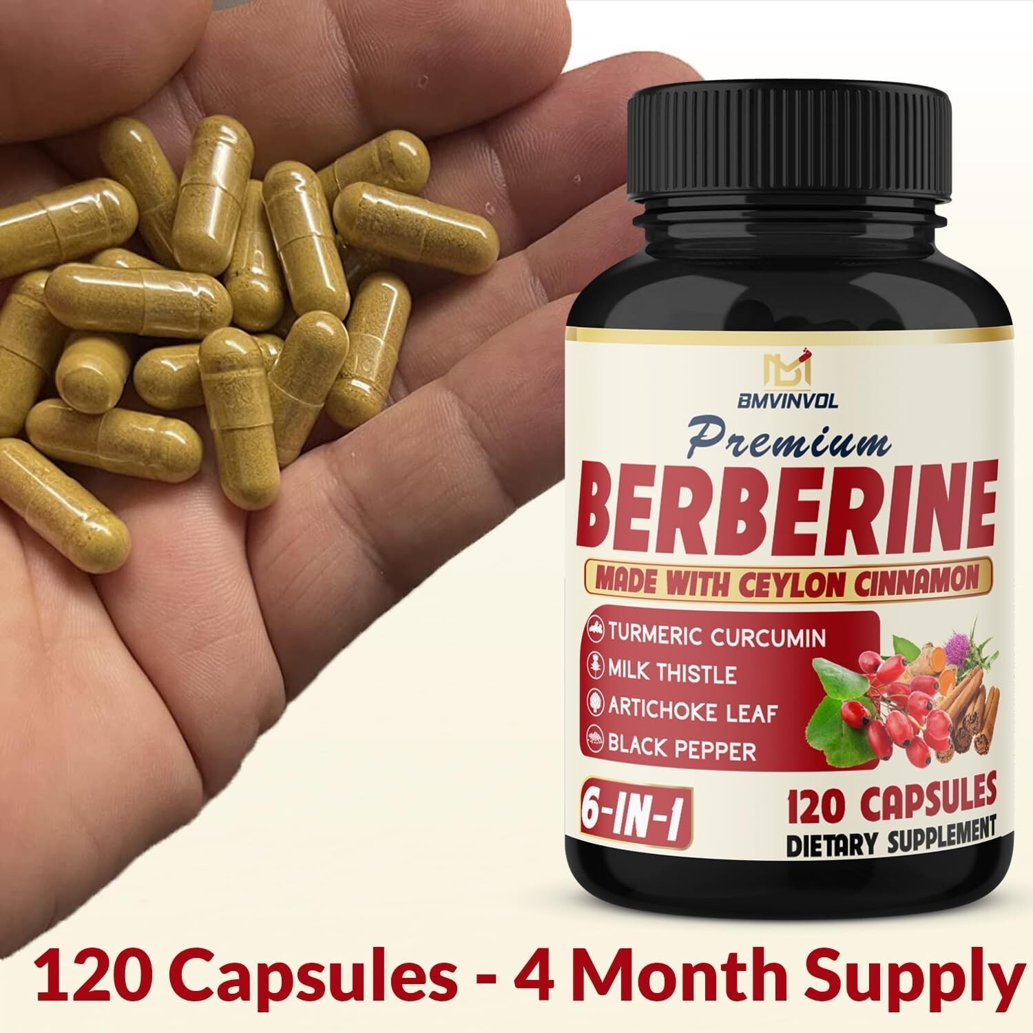 Berberine with Ceylon Cinnamon Tumeric Root, Milk Thistle, 6in1 (120 Capsules)