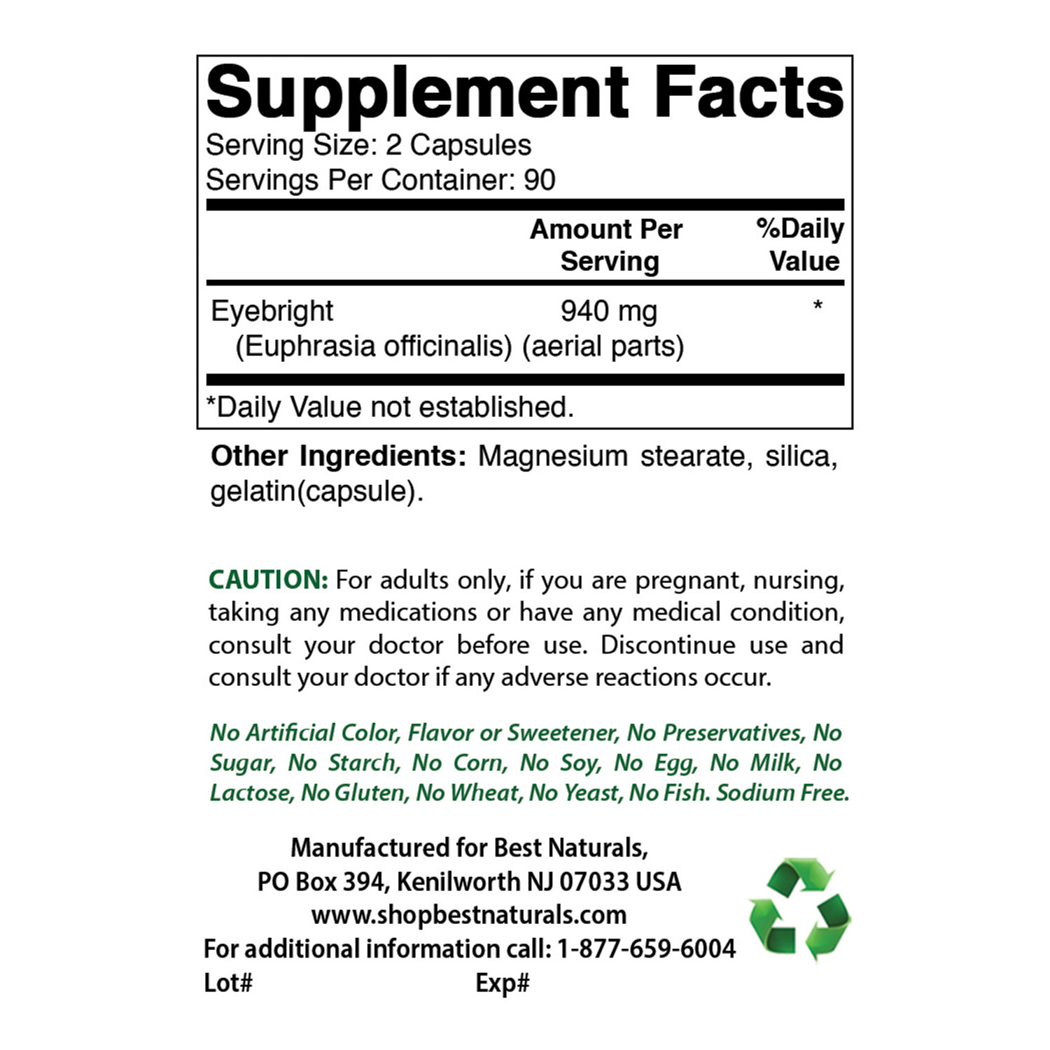 3 Pack Best Naturals Eyebright 470 mg 180 Capsules