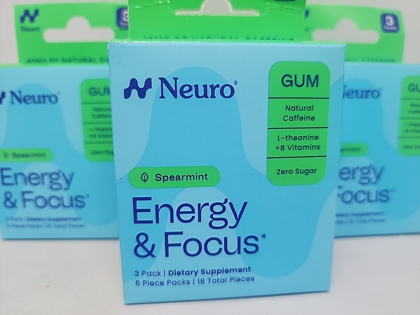 Neuro Energy & Focus Gum L-Theanine B6 B12 Caffeine Spearmint 72 Pieces 09/2027