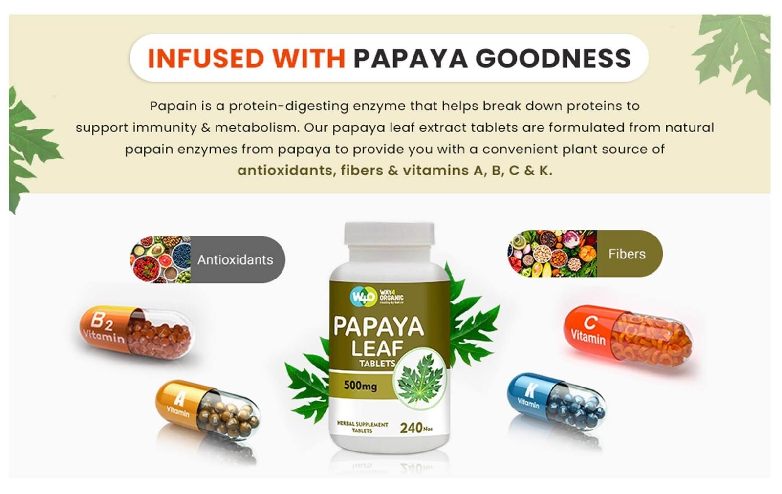 Papaya Leaf Extract Capsules (Tablets) – 240 Pills, 120 Servings, 1000mg(1 Pack)