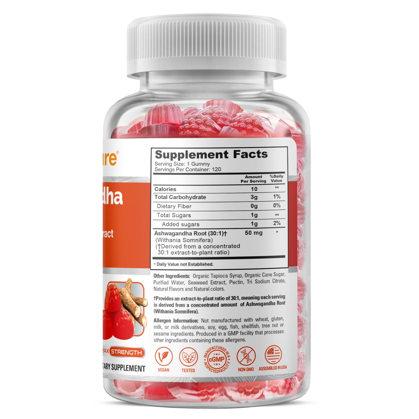 NusaPure Ashwagandha Root 30:1 Extract 1,500 mg 120 Gummies Non-GMO