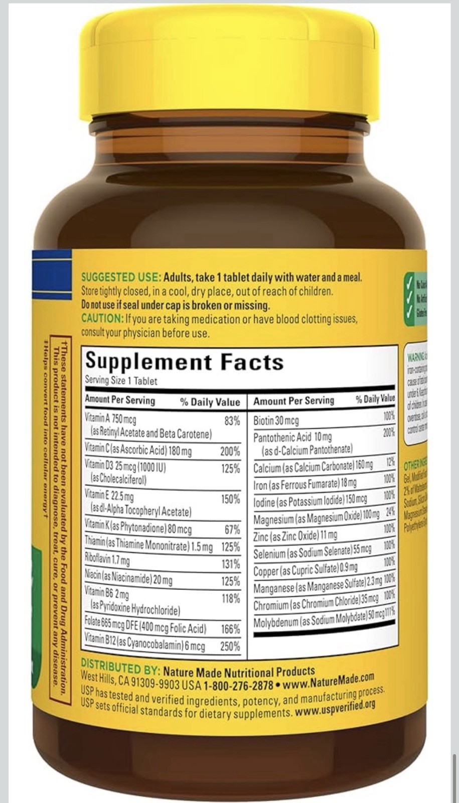 Nature Made Multi Multivitamin Tablets Vitamin A C D3 E Iron 130 Ct Gluten Free